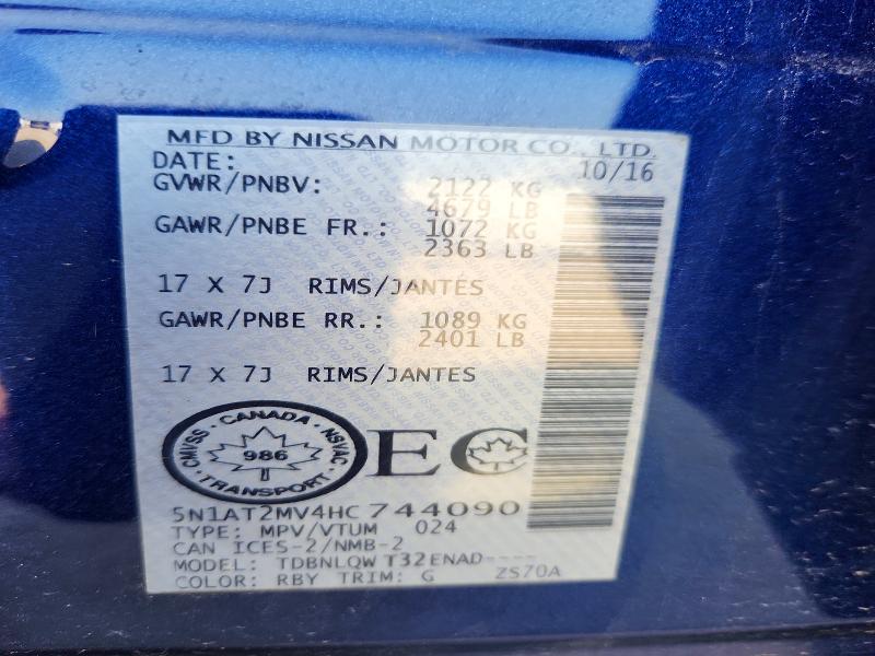 62004466 :رقم المزاد ، 5N1AT2MV4HC744090 vin ، 2017 Nissan Rogue مزاد بيع