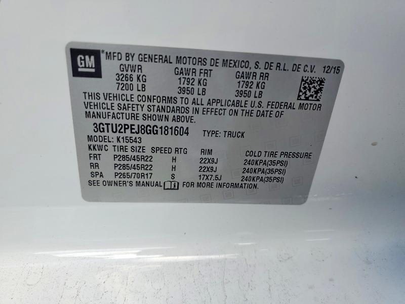 Продаж на аукціоні авто 2016 Gmc Sierra, vin: 3GTU2PEJ8GG181604, номер лоту: 60831296