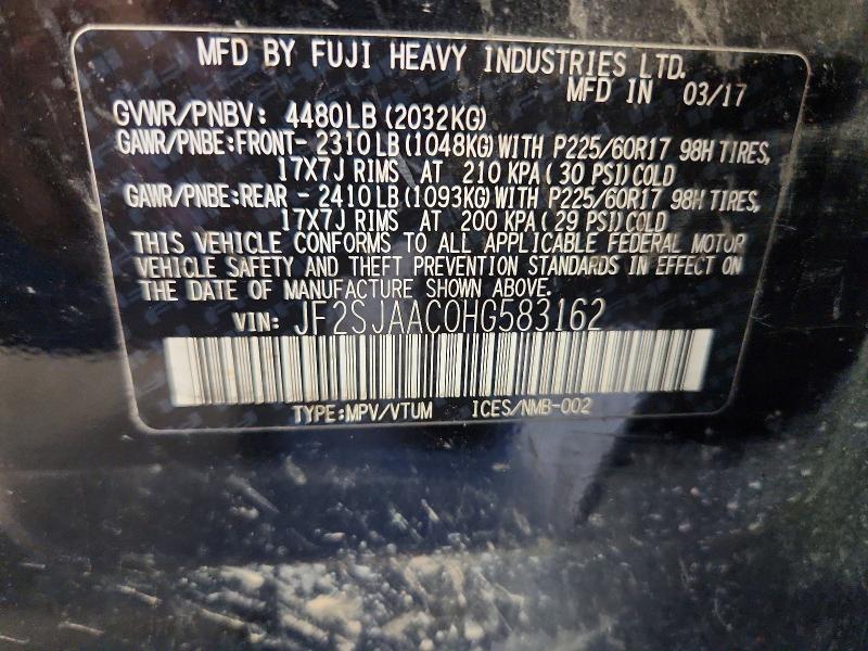 2017 Subaru Forester მანქანა იყიდება აუქციონზე, vin: JF2SJAAC0HG583162, აუქციონის ნომერი: 60850406
