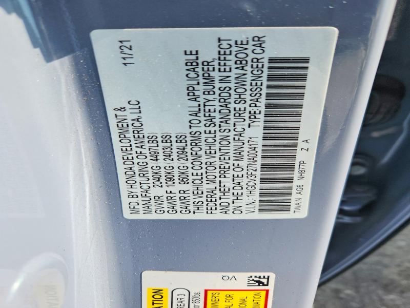 2022 Honda Accord მანქანა იყიდება აუქციონზე, vin: 1HGCV3F27NA004171, აუქციონის ნომერი: 60478446