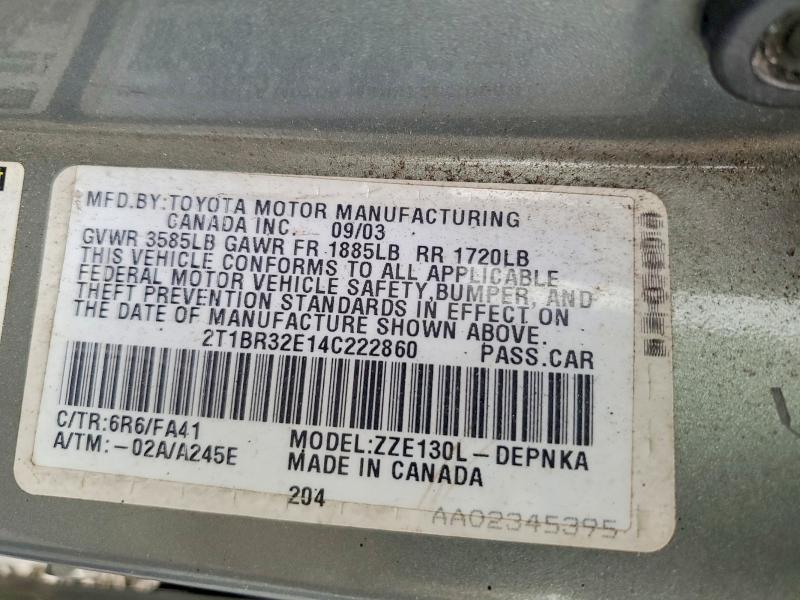 59775646 :رقم المزاد ، 2T1BR32E14C222860 vin ، 2004 Toyota Corolla مزاد بيع