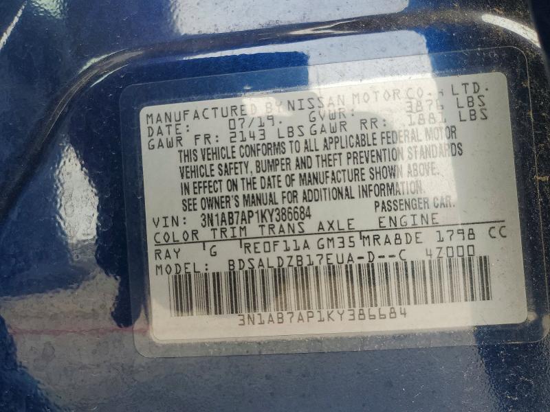 Aukcja sprzedaży 2019 Nissan Sentra, vin: 3N1AB7AP1KY386684, numer aukcji: 61940786