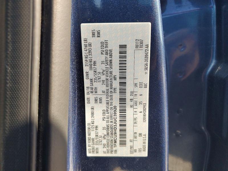 60227486 :رقم المزاد ، 1FMCU9HD3JUC39920 vin ، 2018 Ford Escape مزاد بيع
