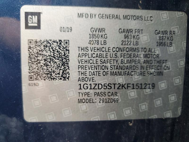 Продаж на аукціоні авто 2019 Chevrolet Malibu, vin: 1G1ZD5ST2KF151219, номер лоту: 59964836