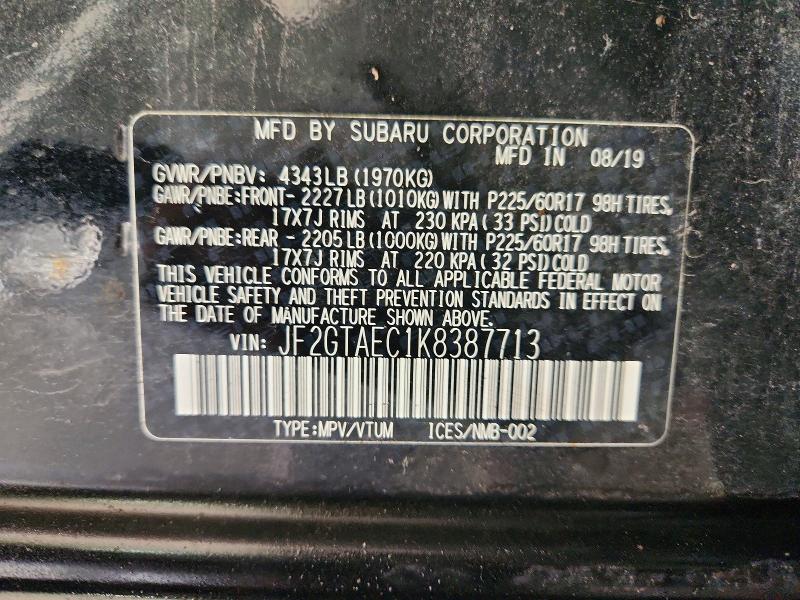 Aukcja sprzedaży 2019 Subaru Crosstrek, vin: JF2GTAEC1K8387713, numer aukcji: 60625176