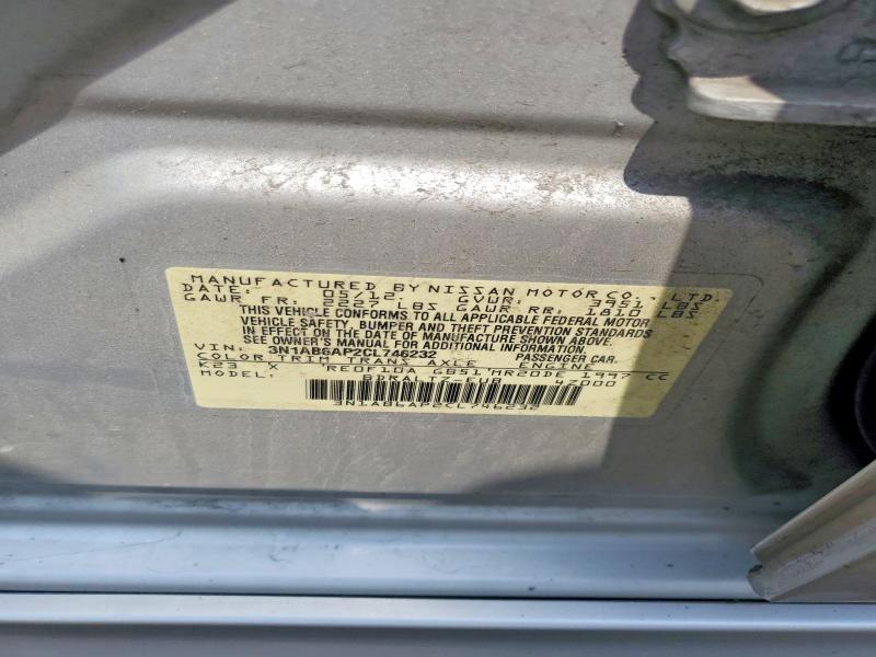 59896996 :رقم المزاد ، 3N1AB6AP2CL746232 vin ، 2012 Nissan Sentra مزاد بيع