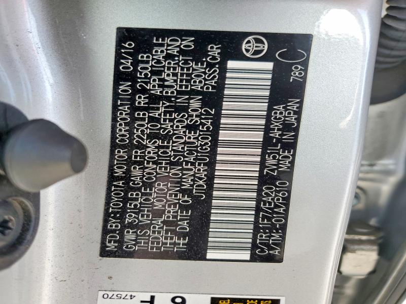 61979186 :رقم المزاد ، JTDKARFU1G3015412 vin ، 2016 Toyota Prius مزاد بيع