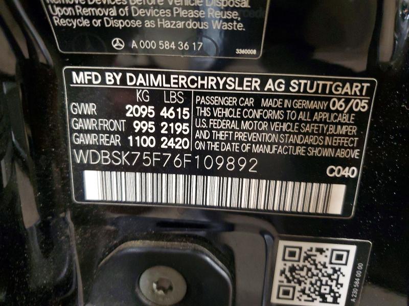 63417906 :رقم المزاد ، WDBSK75F76F109892 vin ، 2006 Mercedes-benz Sl مزاد بيع