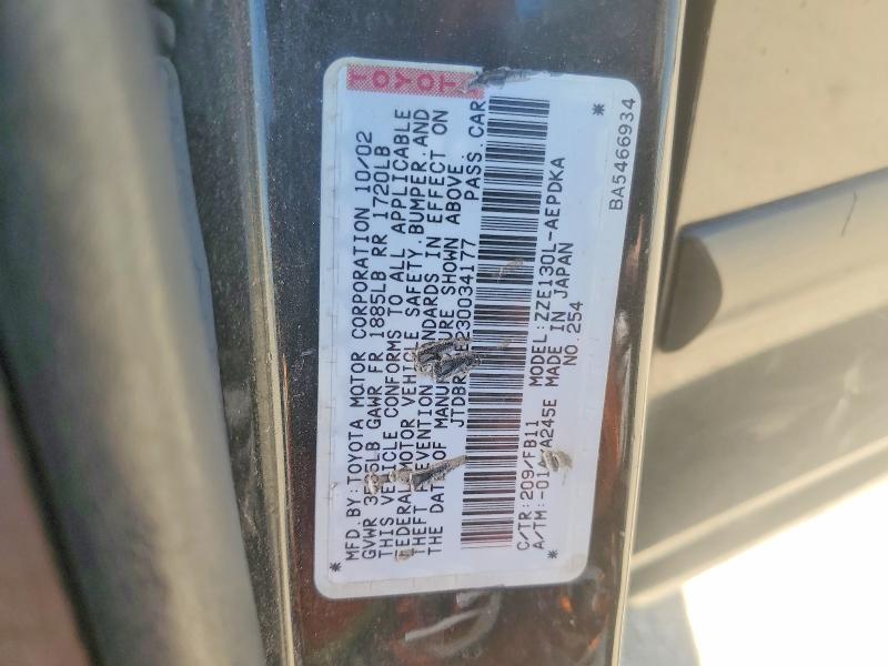 61577136 :رقم المزاد ، JTDBR32E230034177 vin ، 2003 Toyota Corolla مزاد بيع