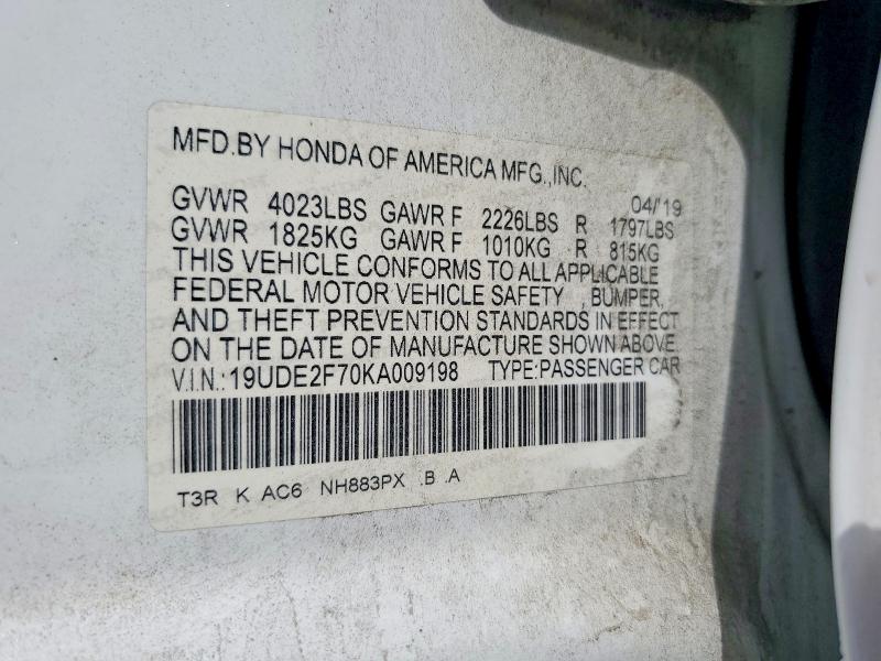 61709966 :رقم المزاد ، 19UDE2F70KA009198 vin ، 2019 Acura Ilx مزاد بيع