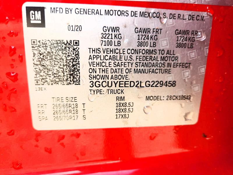 Aukcja sprzedaży 2020 Chevrolet Silverado, vin: 3GCUYEED2LG229458, numer aukcji: 85985055