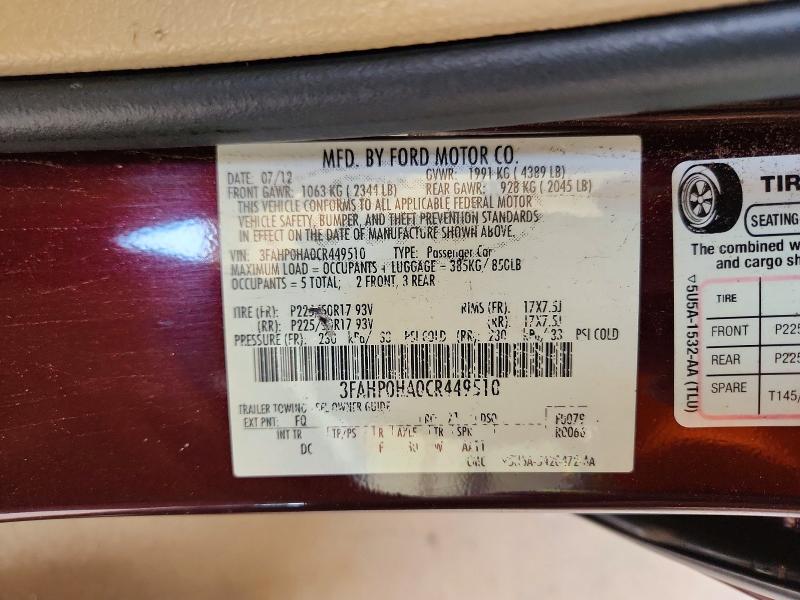 2012 Ford Fusion მანქანა იყიდება აუქციონზე, vin: 3FAHP0HA0CR449510, აუქციონის ნომერი: 60393946