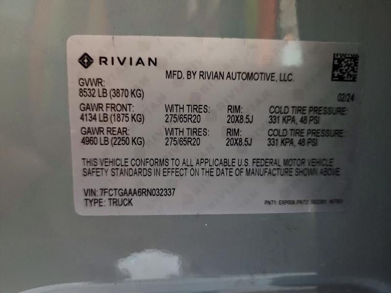 Auction sale of the 2024 Rivian R1t, vin: 7FCTGAAA6RN032337, lot number: 61496746