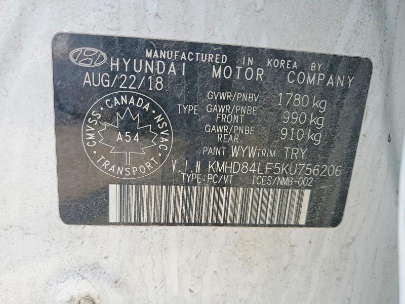 Aukcja sprzedaży 2019 Hyundai Elantra, vin: KMHD84LF5KU756206, numer aukcji: 60625066