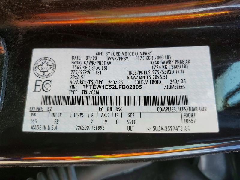 2020 Ford F150 მანქანა იყიდება აუქციონზე, vin: 1FTEW1E52LFB02805, აუქციონის ნომერი: 85612125