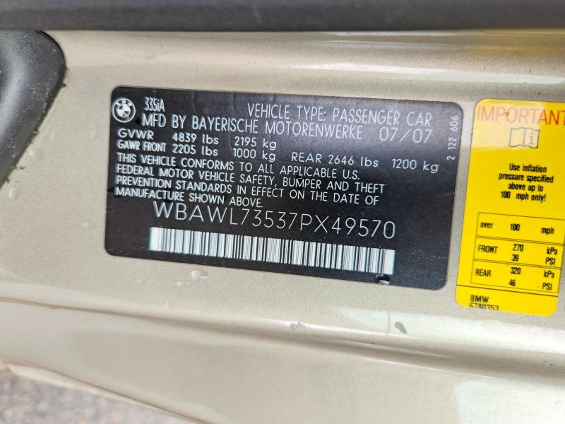 Продажа на аукционе авто 2007 Bmw 335, vin: WBAWL73537PX49570, номер лота: 62889336