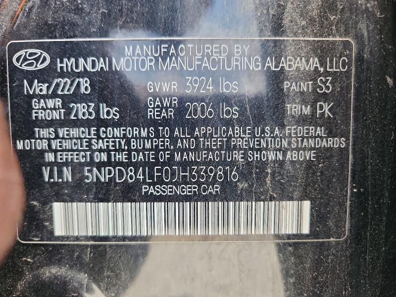 2018 Hyundai Elantra მანქანა იყიდება აუქციონზე, vin: 5NPD84LF0JH339816, აუქციონის ნომერი: 60369056