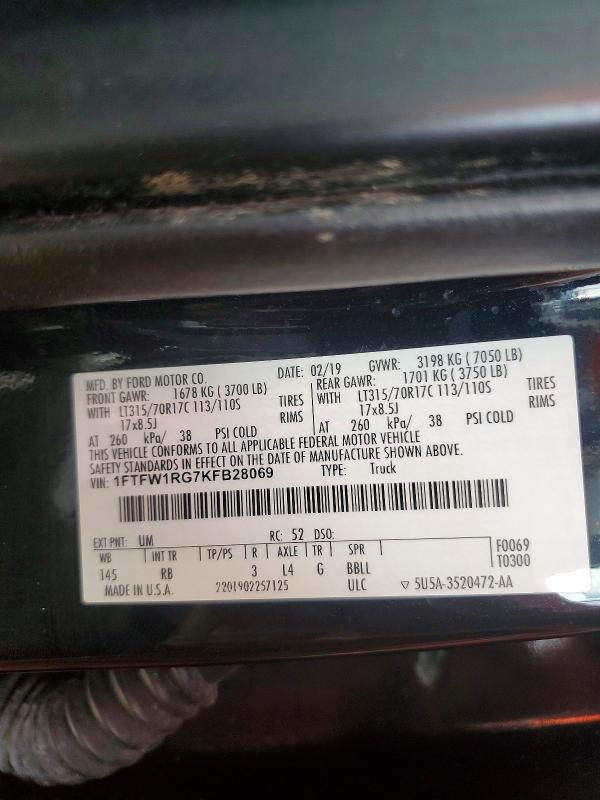 2019 Ford F150 მანქანა იყიდება აუქციონზე, vin: 1FTFW1RG7KFB28069, აუქციონის ნომერი: 61029646