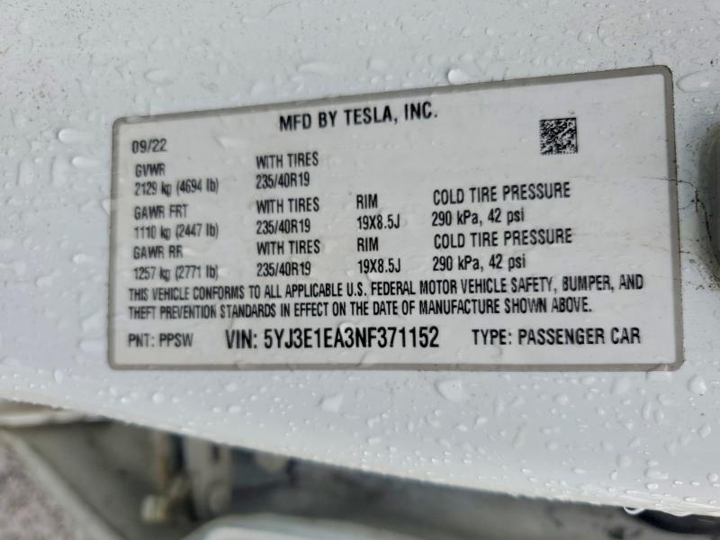 Продажа на аукционе авто 2022 Tesla Model 3, vin: 5YJ3E1EA3NF371152, номер лота: 60122026