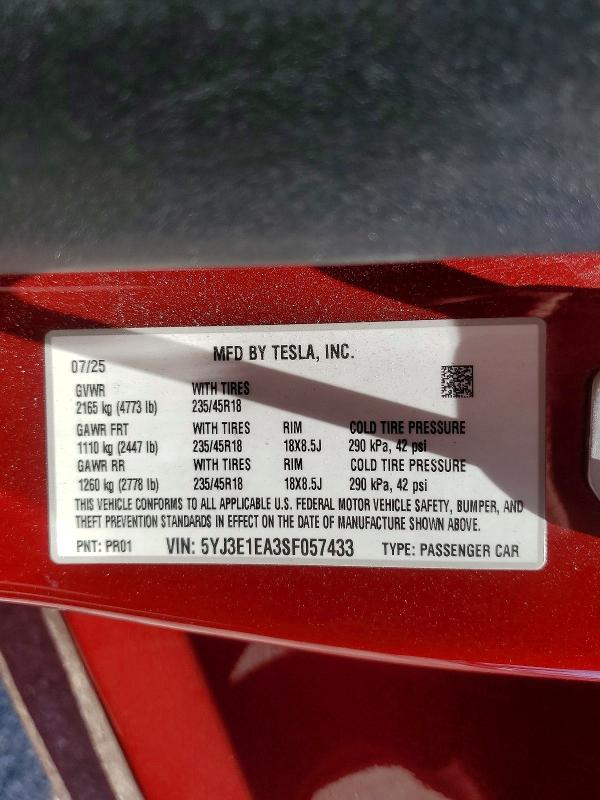 Продажа на аукционе авто 2025 Tesla Model 3, vin: 5YJ3E1EA3SF057433, номер лота: 62263226
