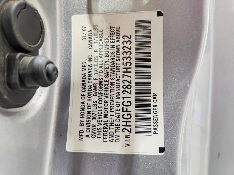 63296206 :رقم المزاد ، 2HGFG12827H533232 vin ، 2007 Honda Civic مزاد بيع