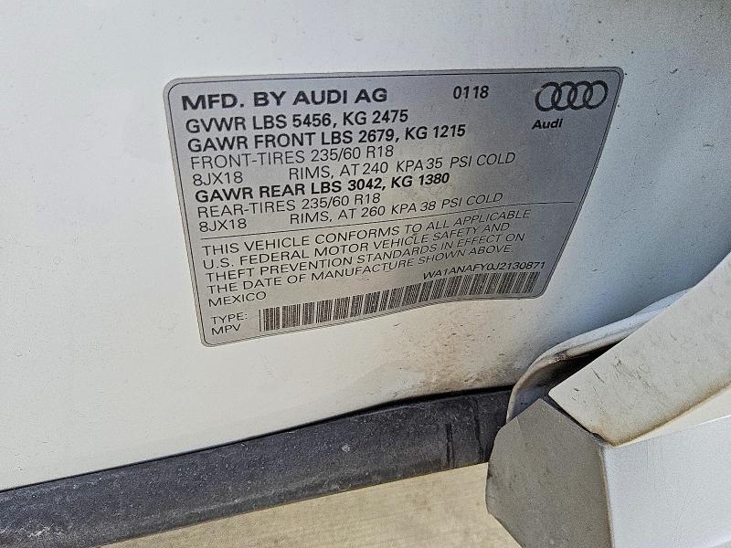 61150146 :رقم المزاد ، WA1ANAFY0J2130871 vin ، 2018 Audi Q5 مزاد بيع