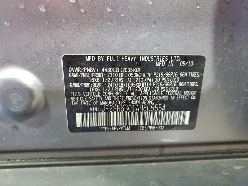 2010 Subaru Forester მანქანა იყიდება აუქციონზე, vin: JF2SH6BC1AH805554, აუქციონის ნომერი: 61375876