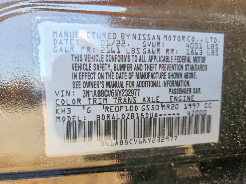 2022 Nissan Sentra მანქანა იყიდება აუქციონზე, vin: 3N1AB8CV6NY232977, აუქციონის ნომერი: 61982236