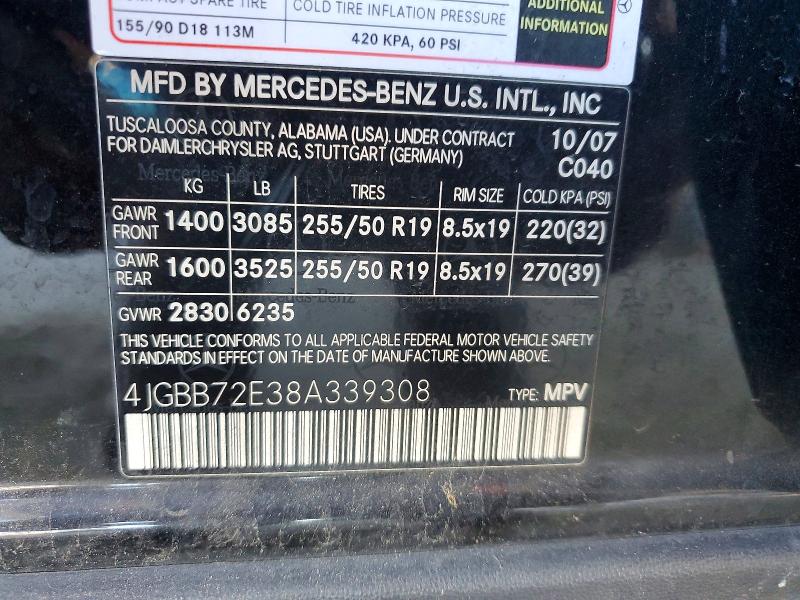 Auction sale of the 2008 Mercedes-benz Ml, vin: 4JGBB72E38A339308, lot number: 61189736
