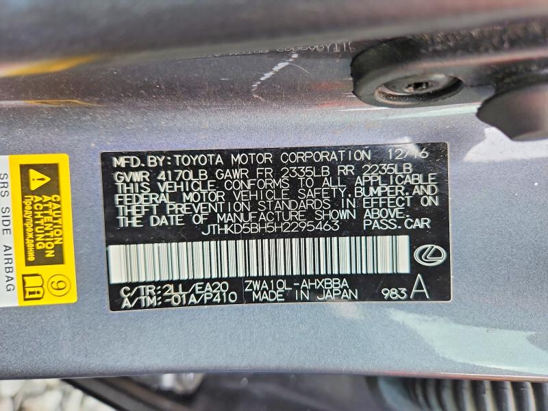 59706876 :رقم المزاد ، JTHKD5BH5H2295463 vin ، 2017 Lexus Ct مزاد بيع