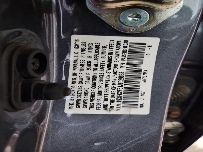Продаж на аукціоні авто 2018 Honda Civic, vin: 19XFC2F51JE029838, номер лоту: 59365416