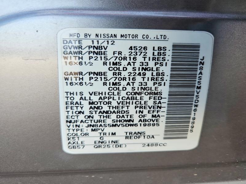 60388976 :رقم المزاد ، JN8AS5MV5DW619895 vin ، 2013 Nissan Rogue مزاد بيع
