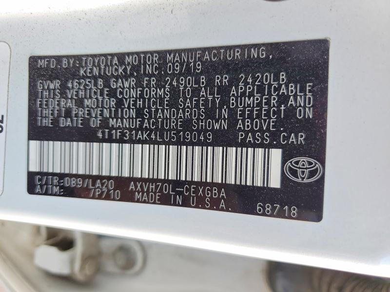 2020 Toyota Camry Hybrid მანქანა იყიდება აუქციონზე, vin: 4T1F31AK4LU519049, აუქციონის ნომერი: 59991666