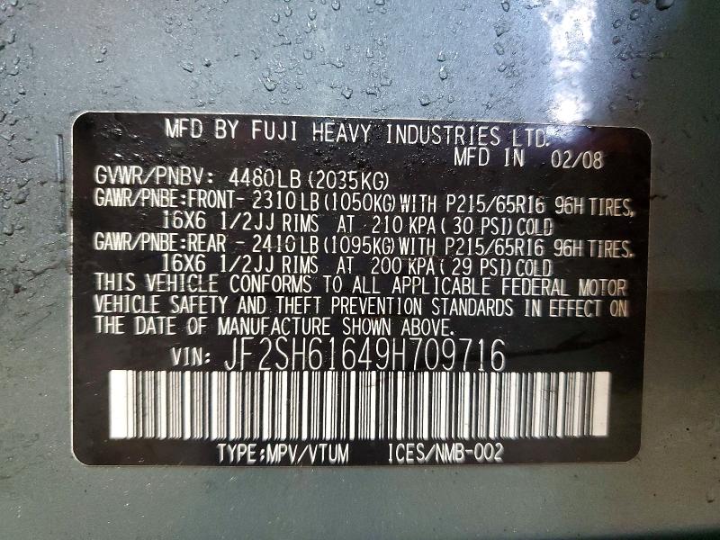 Продаж на аукціоні авто 2009 Subaru Forester, vin: JF2SH61649H709716, номер лоту: 59956576