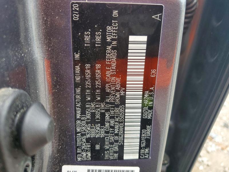 2020 Toyota Highlander მანქანა იყიდება აუქციონზე, vin: 5TDGZRAH0LS505955, აუქციონის ნომერი: 62934546