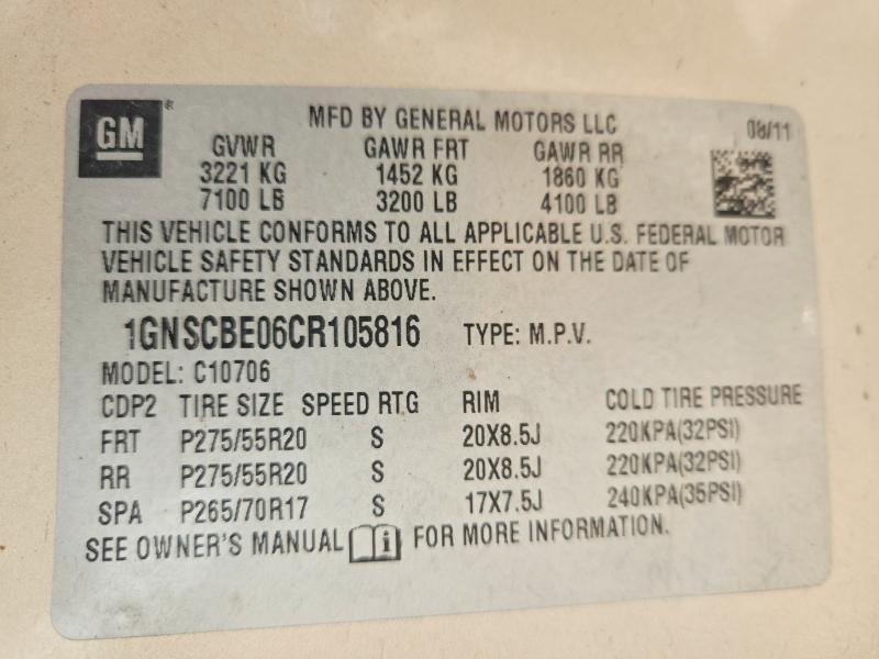 62891986 :رقم المزاد ، 1GNSCBE06CR105816 vin ، 2012 Chevrolet Tahoe مزاد بيع