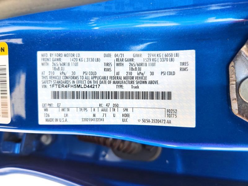 Aukcja sprzedaży 2021 Ford Ranger, vin: 1FTER4FH5MLD44217, numer aukcji: 59692006
