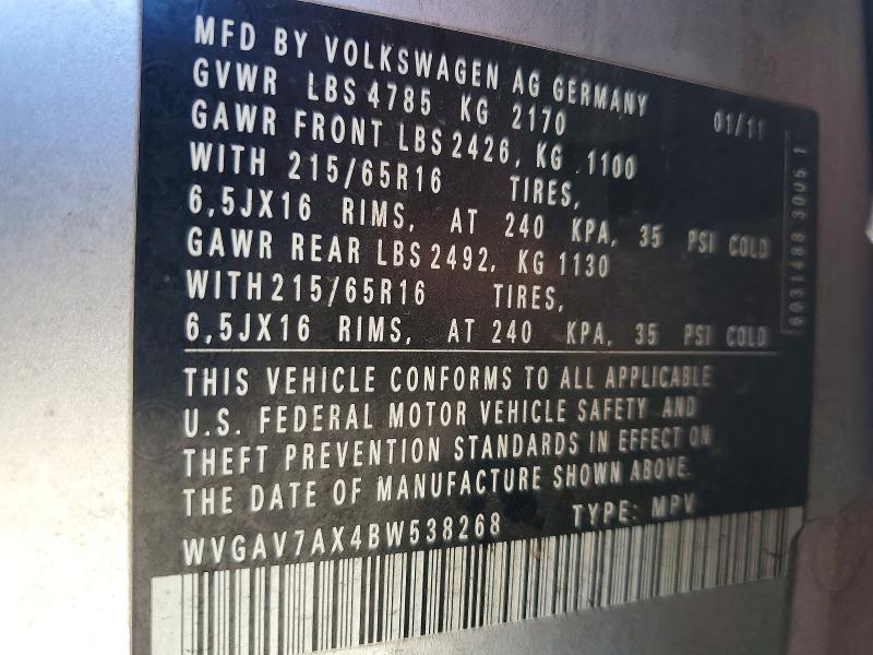 60508926 :رقم المزاد ، WVGAV7AX4BW538268 vin ، 2011 Volkswagen Tiguan مزاد بيع