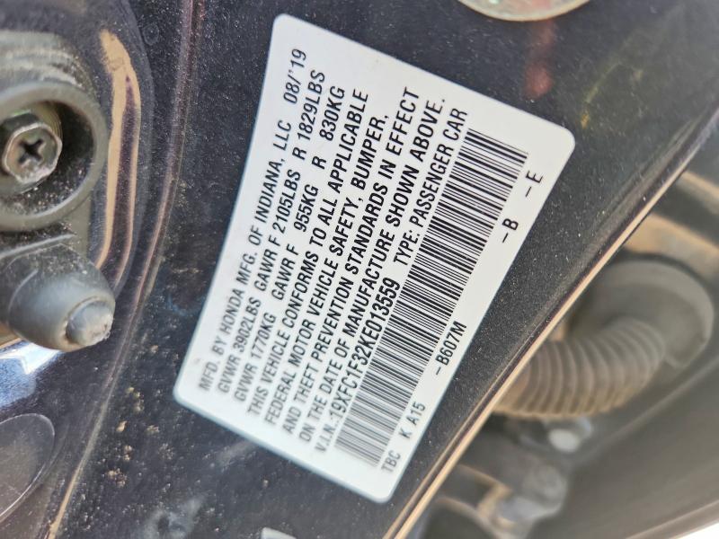 60891886 :رقم المزاد ، 19XFC1F32KE013559 vin ، 2019 Honda Civic مزاد بيع