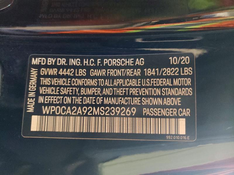 61527236 :رقم المزاد ، WP0CA2A92MS239269 vin ، 2021 Porsche 911 مزاد بيع