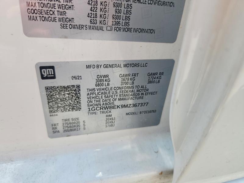 59544116 :رقم المزاد ، 1GCRWBEK9MZ367377 vin ، 2021 Chevrolet Silverado مزاد بيع