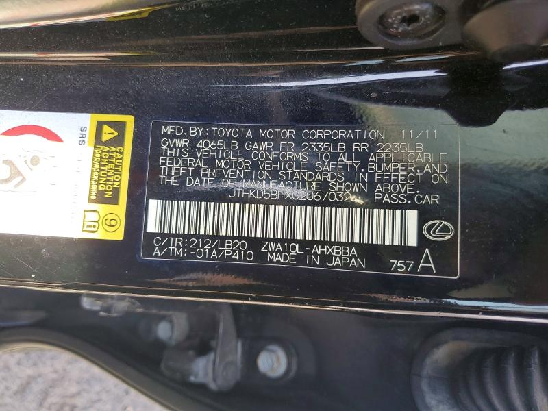 61495596 :رقم المزاد ، JTHKD5BHXC2067032 vin ، 2012 Lexus Ct مزاد بيع