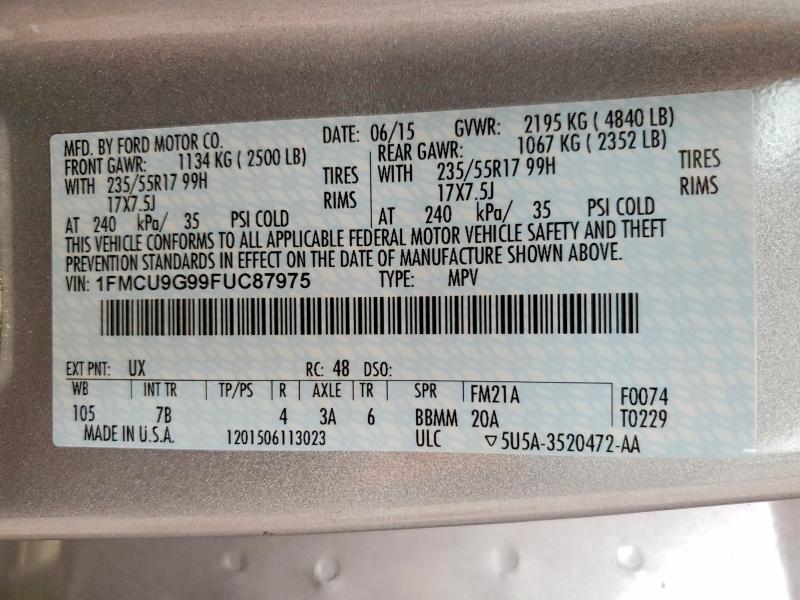 Продажа на аукционе авто 2015 Ford Escape, vin: 1FMCU9G99FUC87975, номер лота: 59091966
