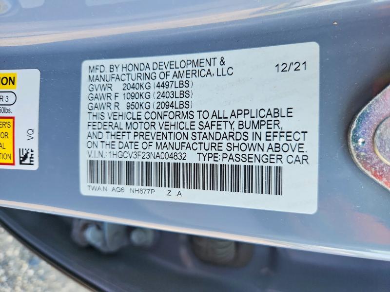 Продаж на аукціоні авто 2022 Honda Accord, vin: 1HGCV3F23NA004832, номер лоту: 59712466