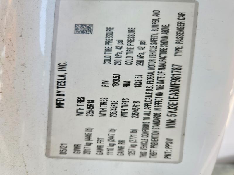 59708386 :رقم المزاد ، 5YJ3E1EA8MF981787 vin ، 2021 Tesla Model 3 مزاد بيع