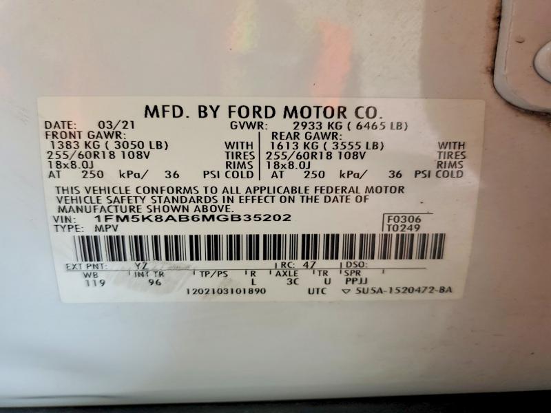 2021 Ford Explorer მანქანა იყიდება აუქციონზე, vin: 1FM5K8AB6MGB35202, აუქციონის ნომერი: 61933246