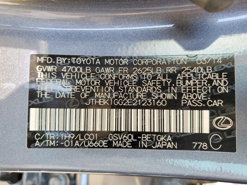 62508166 :رقم المزاد ، JTHBK1GG2E2123160 vin ، 2014 Lexus Es مزاد بيع