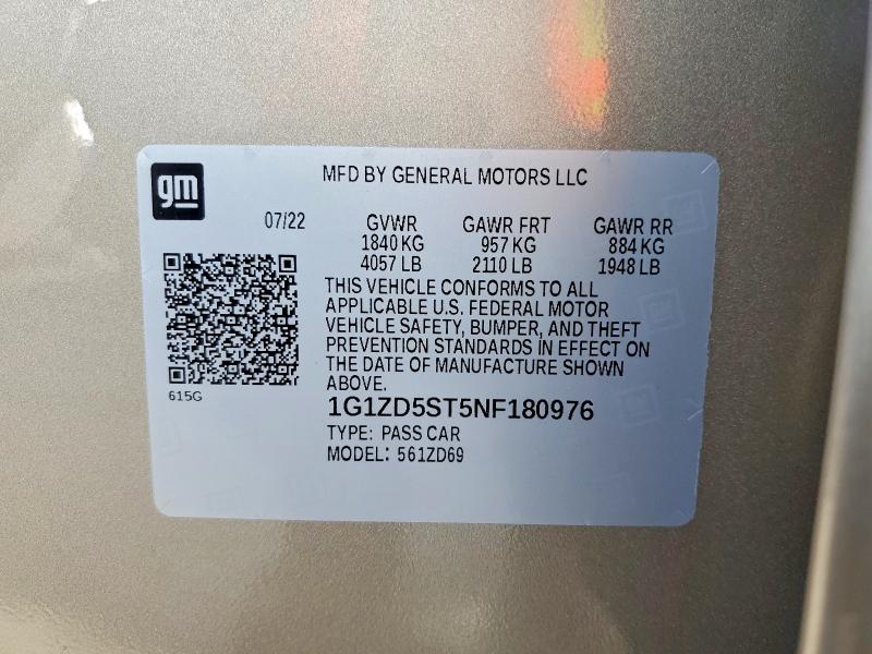 63170406 :رقم المزاد ، 1G1ZD5ST5NF180976 vin ، 2022 Chevrolet Malibu مزاد بيع
