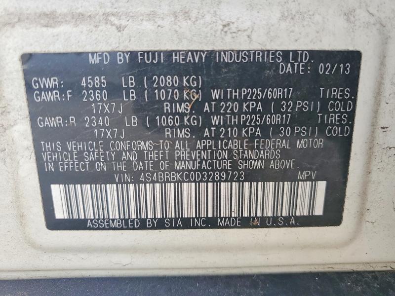 2013 Subaru Outback მანქანა იყიდება აუქციონზე, vin: 4S4BRBKC0D3289723, აუქციონის ნომერი: 59694356