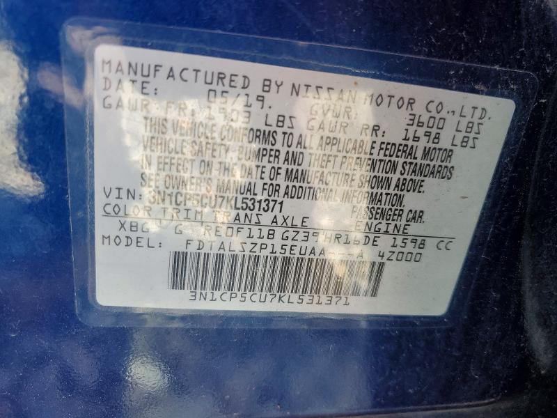 61208096 :رقم المزاد ، 3N1CP5CU7KL531371 vin ، 2019 Nissan Kicks مزاد بيع